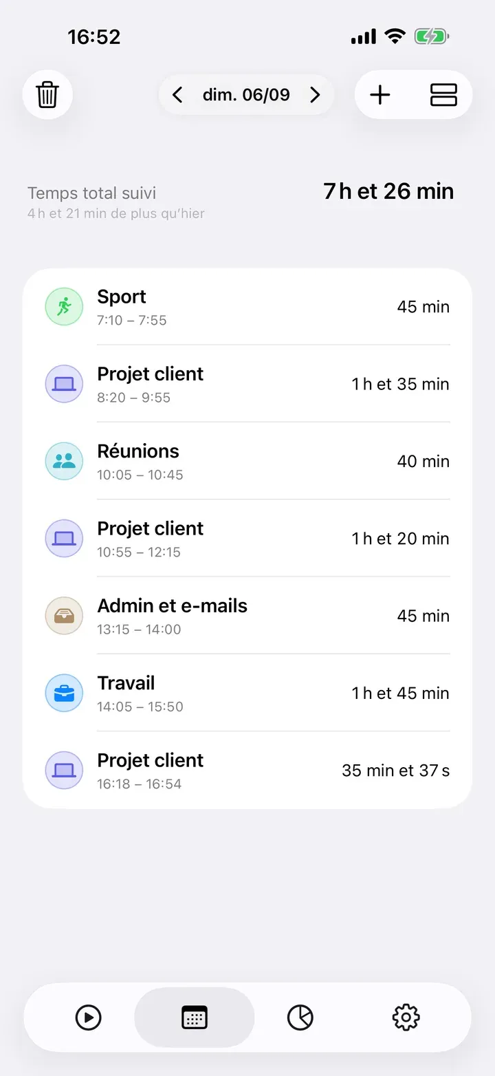 La vue du jour sous forme de liste des entrées avec leurs heures