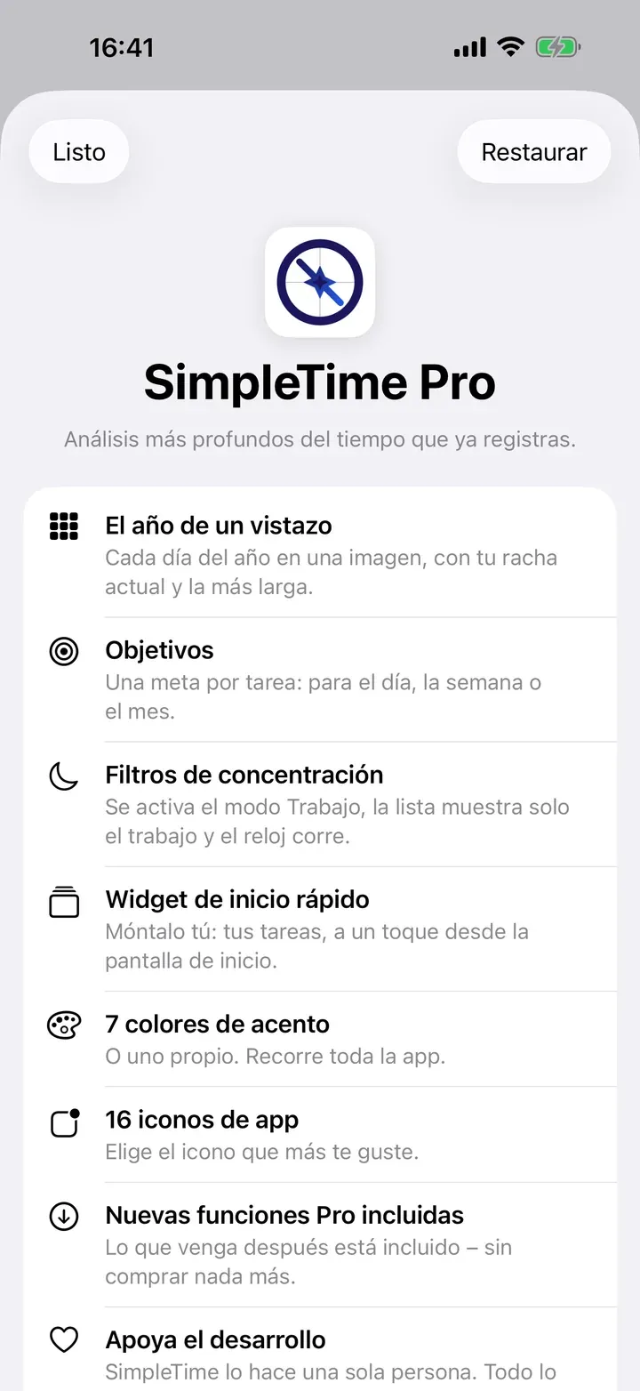 La página de SimpleTime Pro en la app