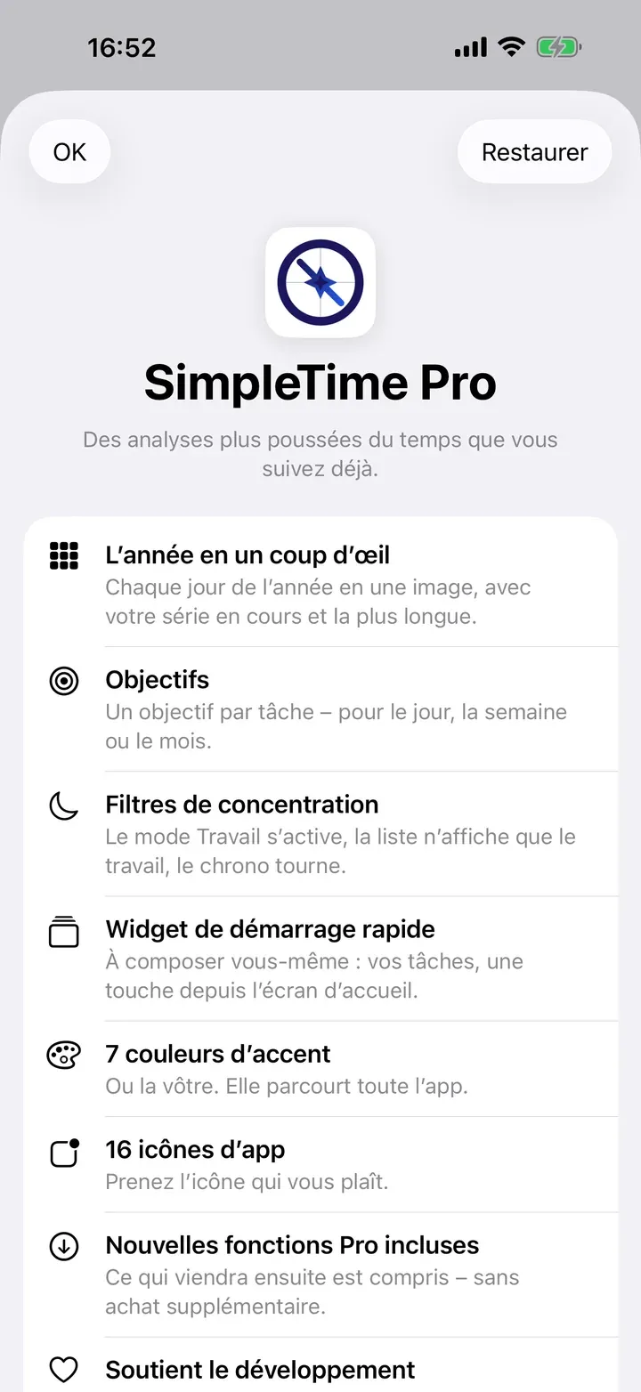 La page SimpleTime Pro dans l’app