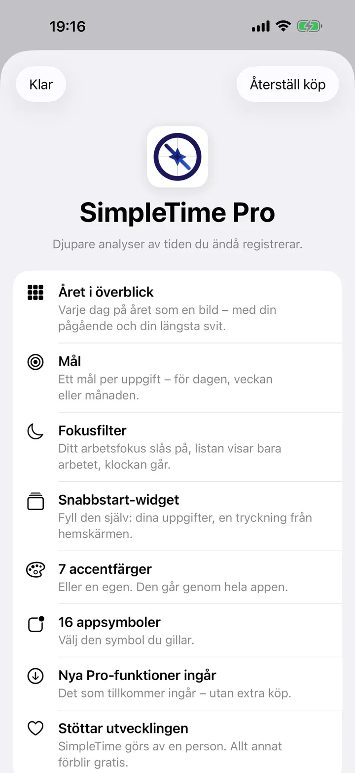 Sidan för SimpleTime Pro i appen
