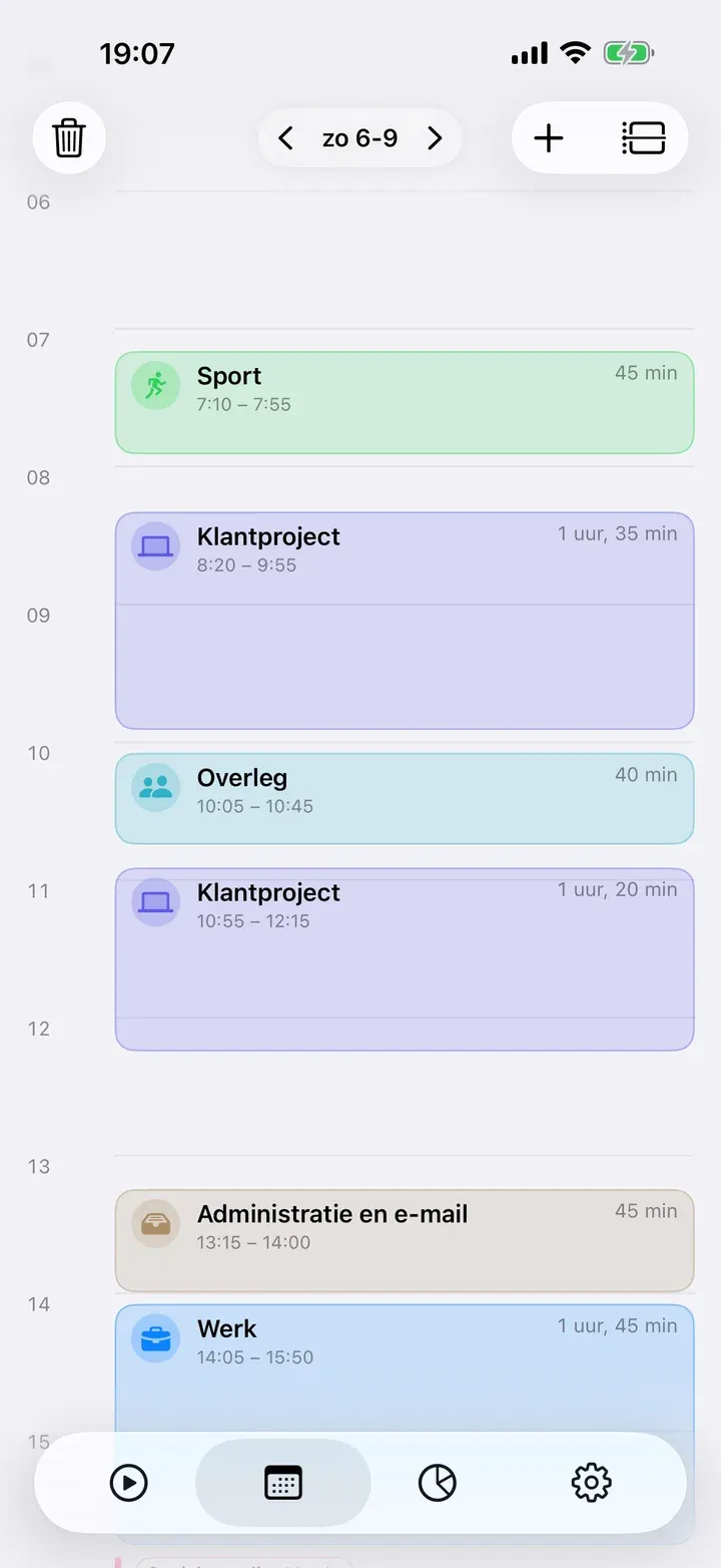 De dagweergave als tijdlijn van 0 tot 24 uur