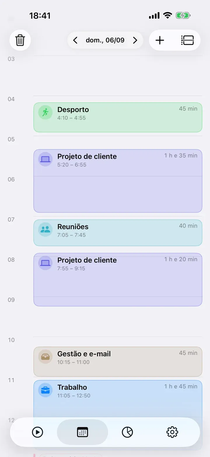 A vista do dia como linha temporal das 0 às 24 h