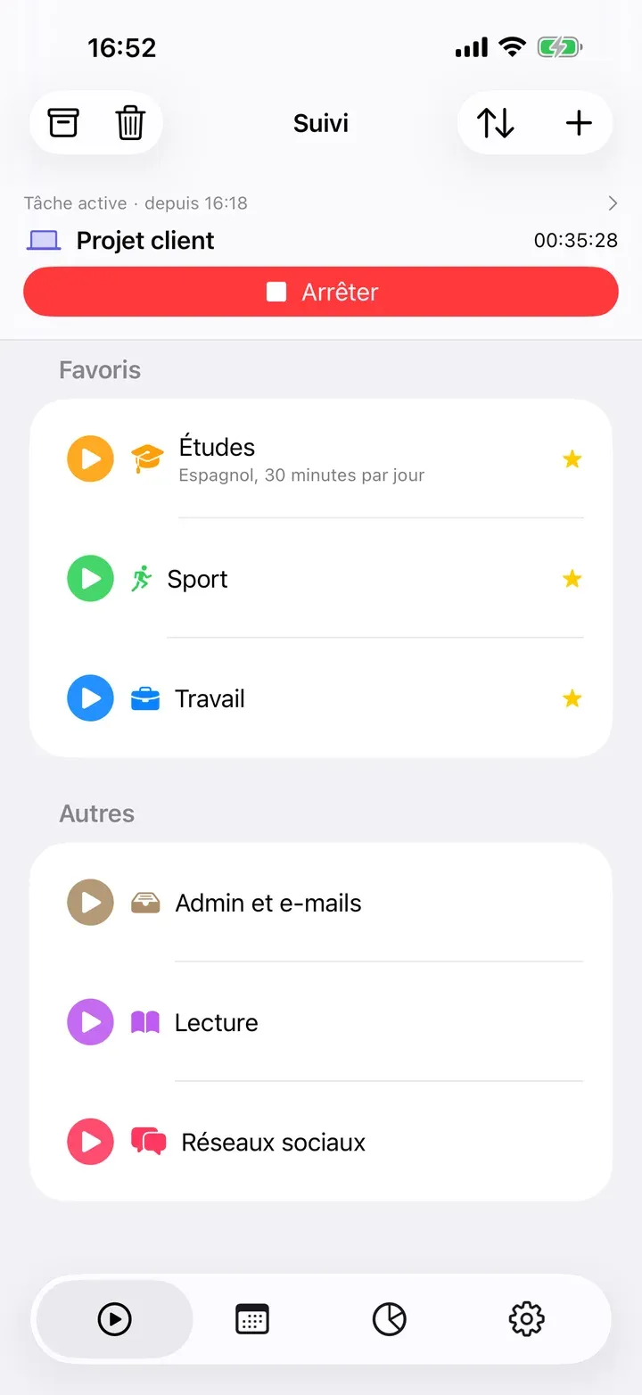 L’onglet Suivi avec une tâche en cours et les favoris en haut